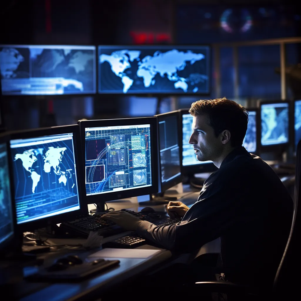 VDCOM - Gestion accès internet - Un Homme travaillant à son poste de travail contrôlant des données mondiales
